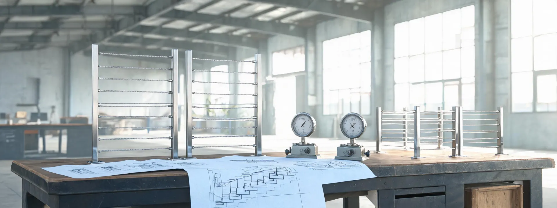 Viewrail engineering bench with cable railing samples and drawings