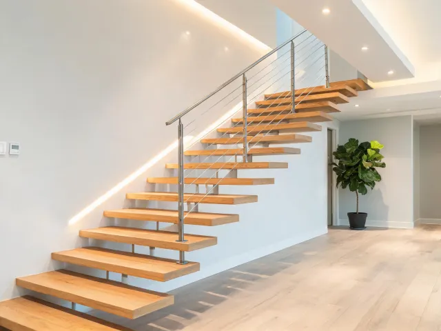 Floating stair system with open risers and cable rail