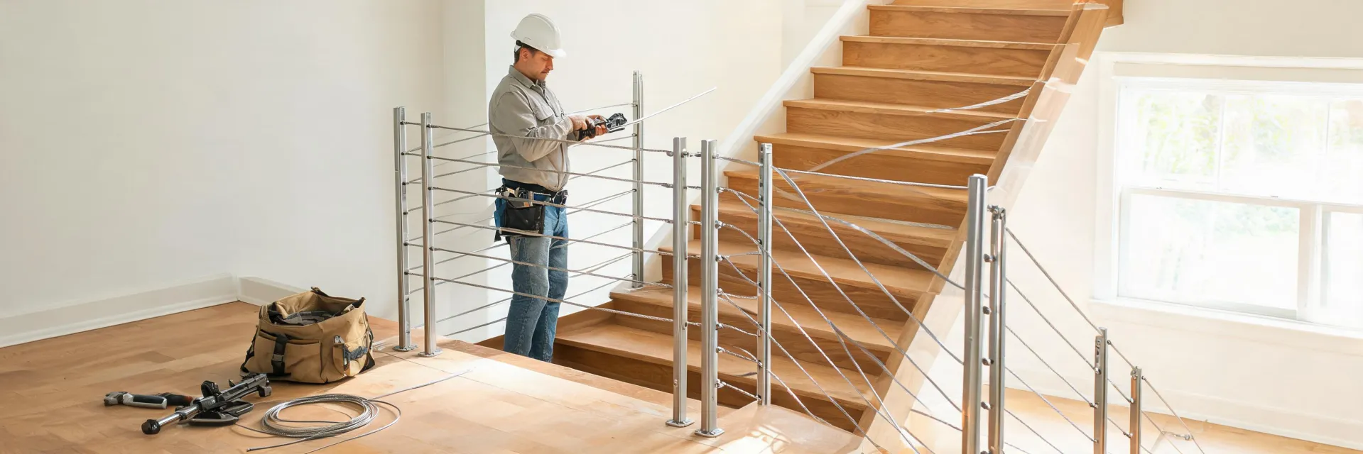Technician tensioning cable railing on a jobsite stair